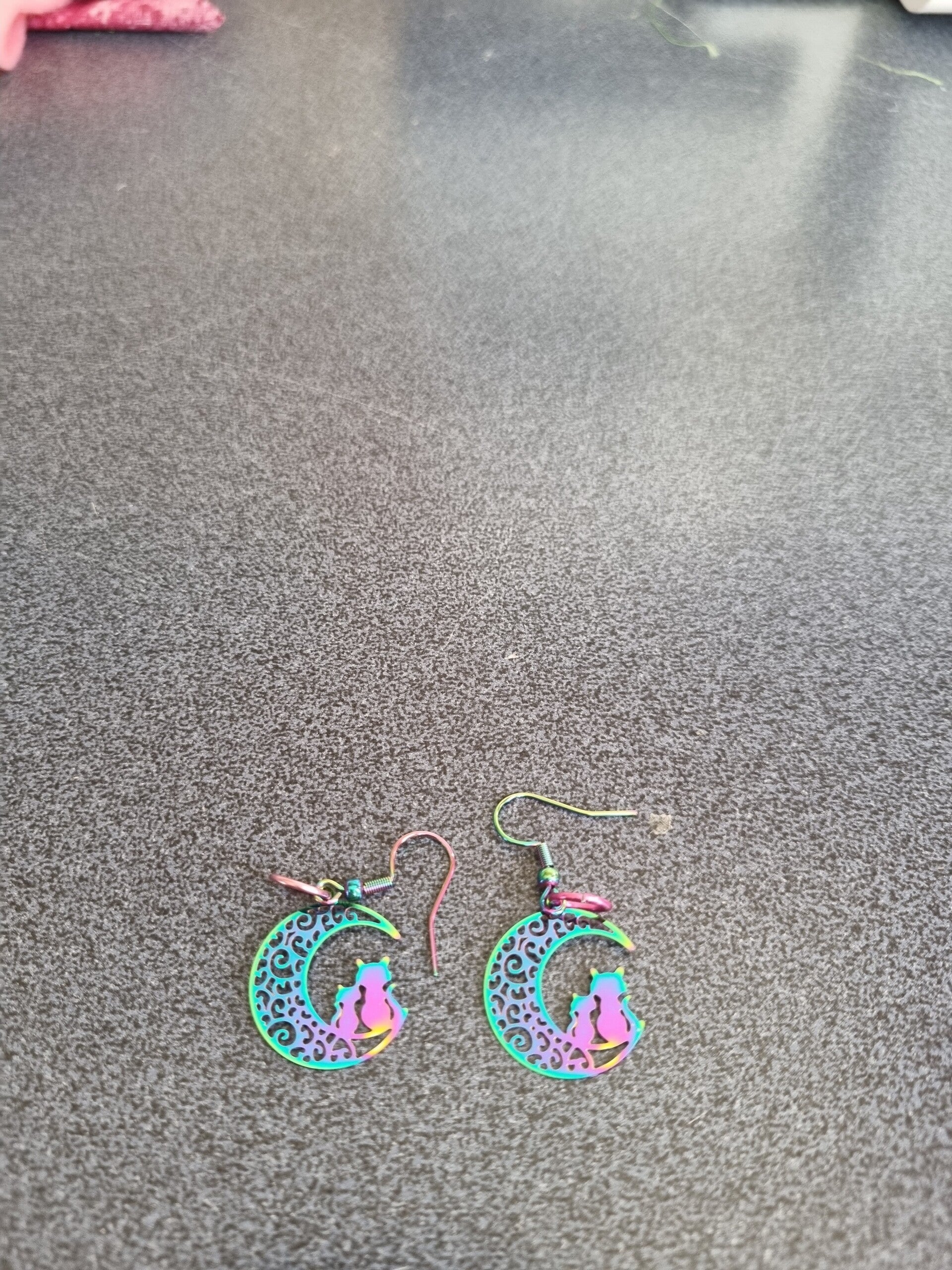 Metallic Cat on Moon Earrings