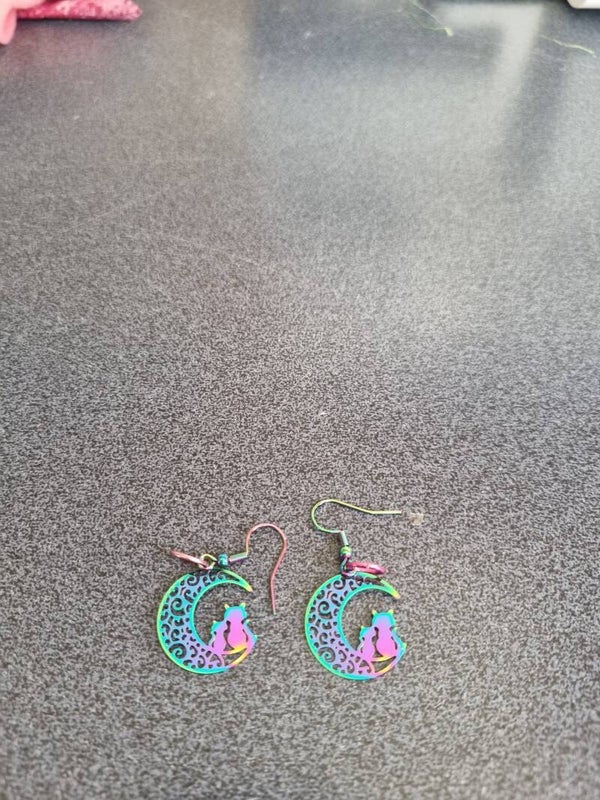 Metallic Cat on Moon Earrings
