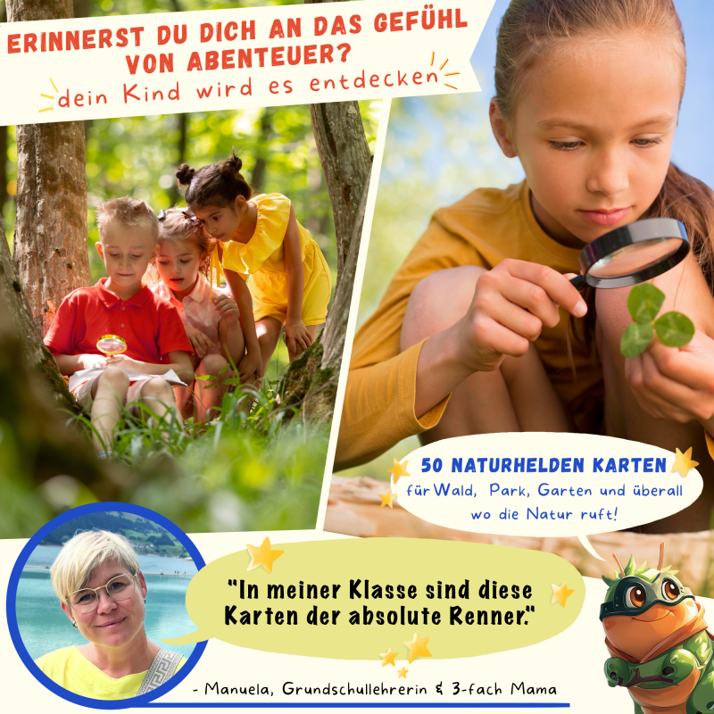 Kind spielt mit Entdeckerkarten im Wald - Outdoor Suchspiel für Kinder ab 4 Jahren Naturspiel