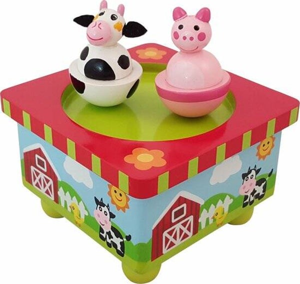 Houten muziekdoos dansende boerderijdieren