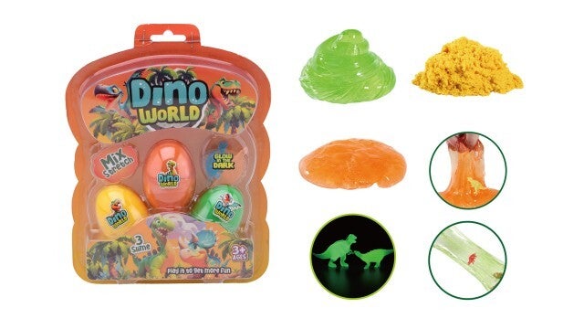 Dino World - 3 slijm eieren met glow in the dark dino op kaart