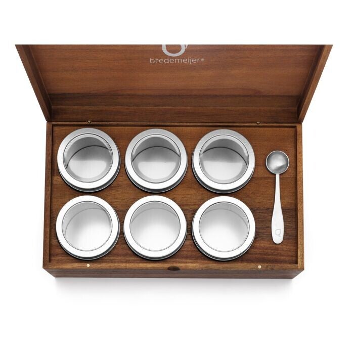 Theedoos met 6 ronde blikken en theemaatlepel acacia