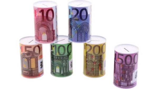 Metalen spaarpot met Eurobiljet