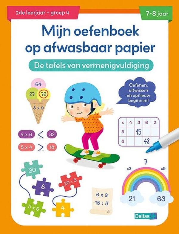 Mijn oefenboek op afwasbaar papier De tafels van vermenigvuldiging 7-8 jaar