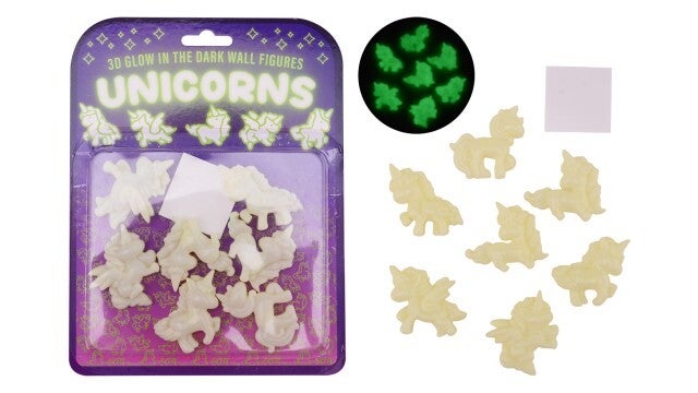 Glow in the dark 3D muur eenhoorns, 7 stuks op kaart