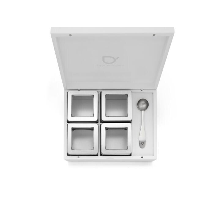 Theedoos bamboe met 4 theeblikjes en theemaatlepel, wit