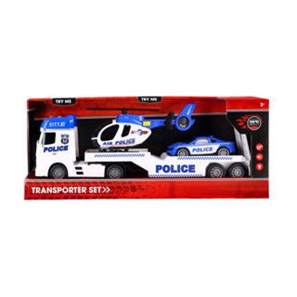 Rapid Wheels Autotransporter Politie met auto en Helicopter met licht en geluid en frictie