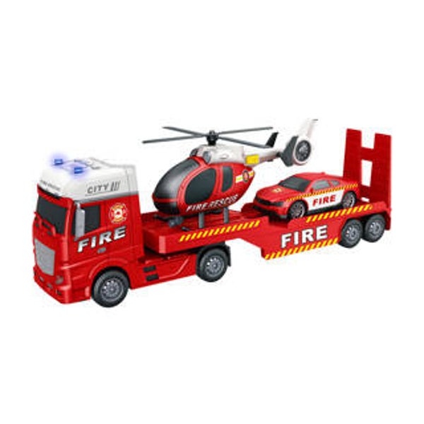 Rapid Wheels Autotransporter brandweer met auto en helikopter met licht en geluid en frictie