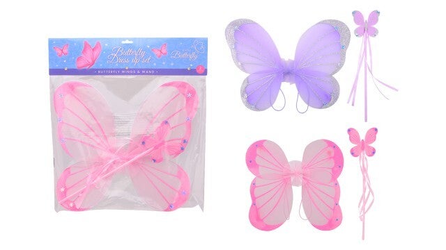 Vlinder vleugels met toverstaf in zak, ± 35 cm, 2 assorti