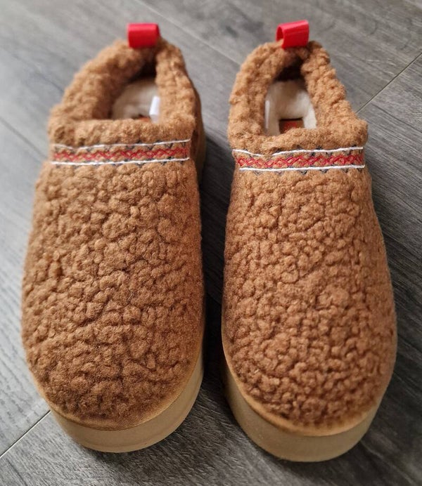 UGG Brown & Red Fluffy Platform Tasman Slippers