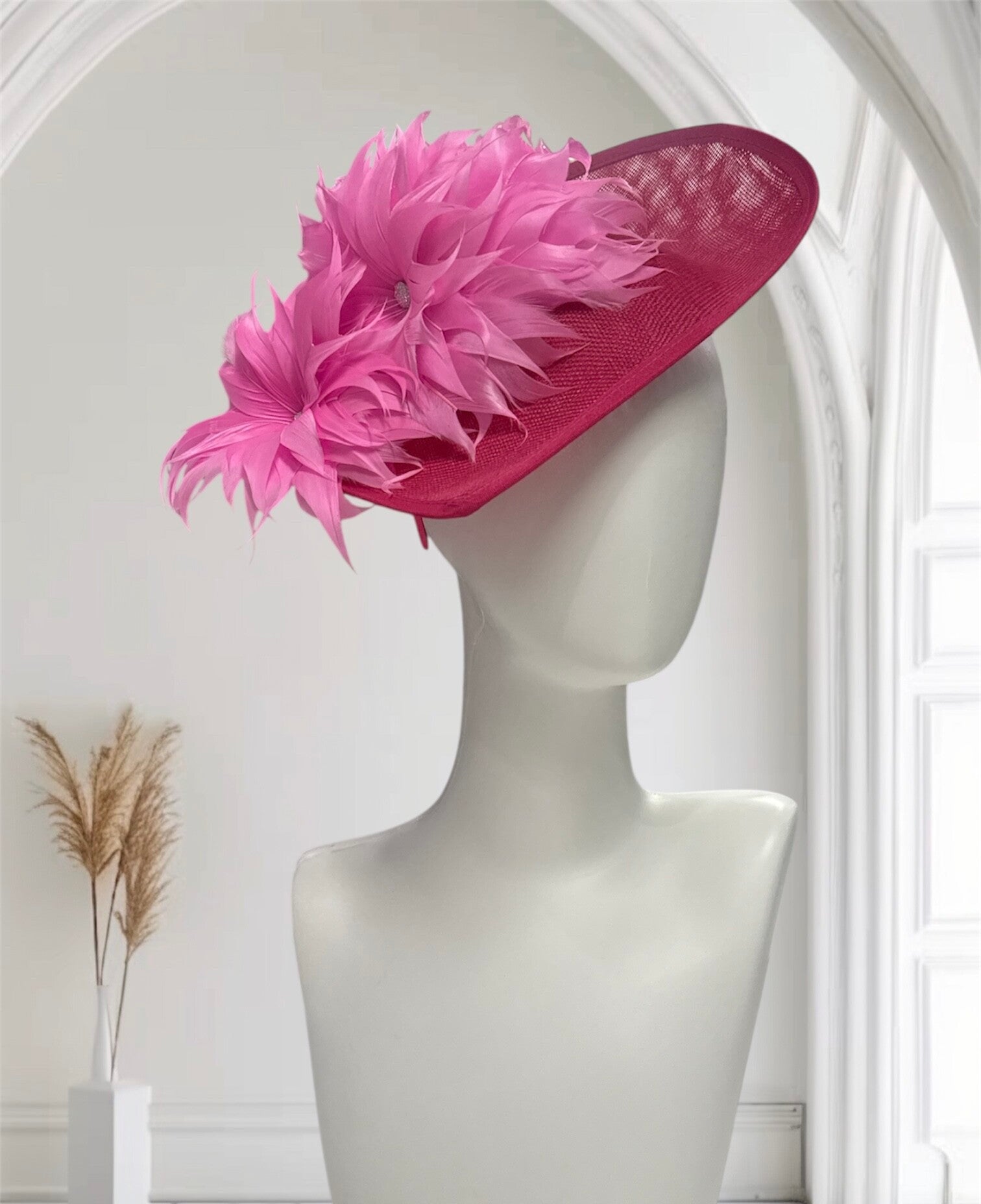 Pink Tear drop hat with sculpted feathers