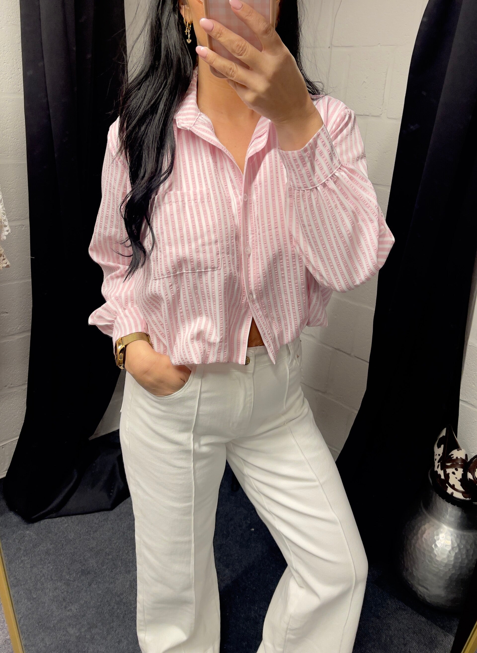 Gestreepte blouse met poffy effect (div.kleuren)