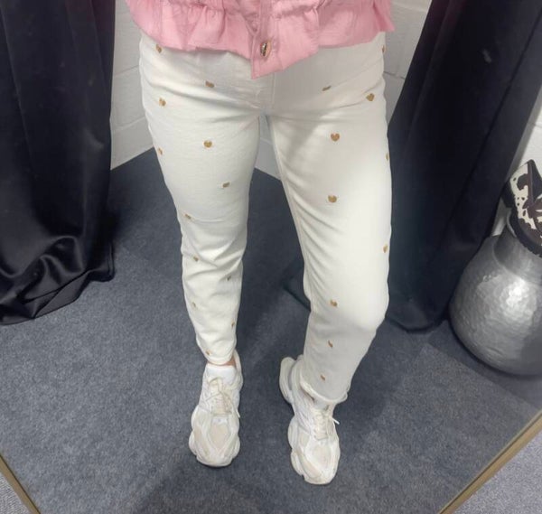 Jeansbroek met goud/bruine hartjes