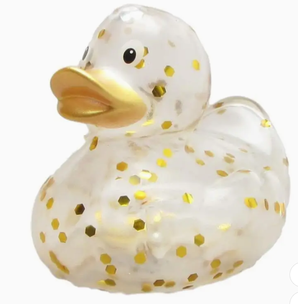 Transparante badeend voorzien van gouden glitters.