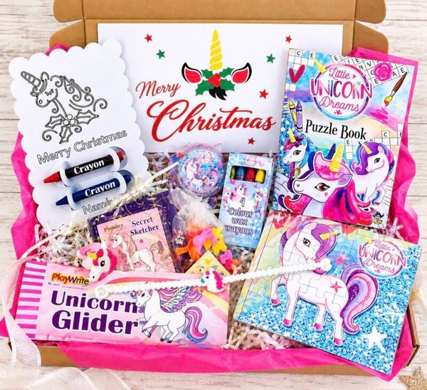 Unicorn Christmas Activity Gift Box for Girls, Kids Colouring & Puzzle Set, Unicorn Stocking Filler, Christmas Eve Box Gift