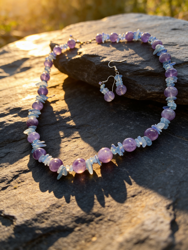 Set acqua marina e ametista collana più orecchini