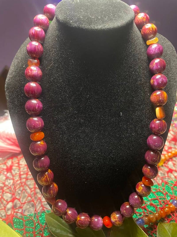 Girocollo perline viola glitter e quarzo arancio