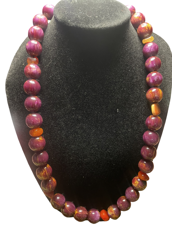 Girocollo perline viola glitter e quarzo arancio