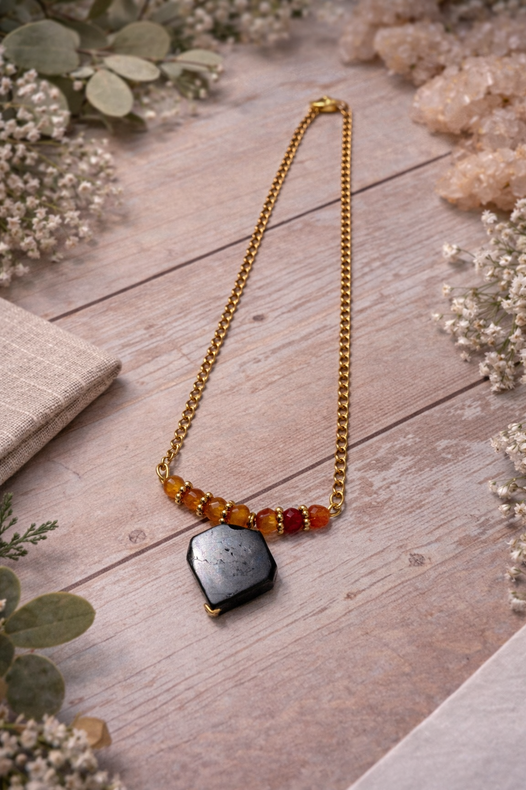Collier ras-de-cou Cornaline & Tourmaline noire