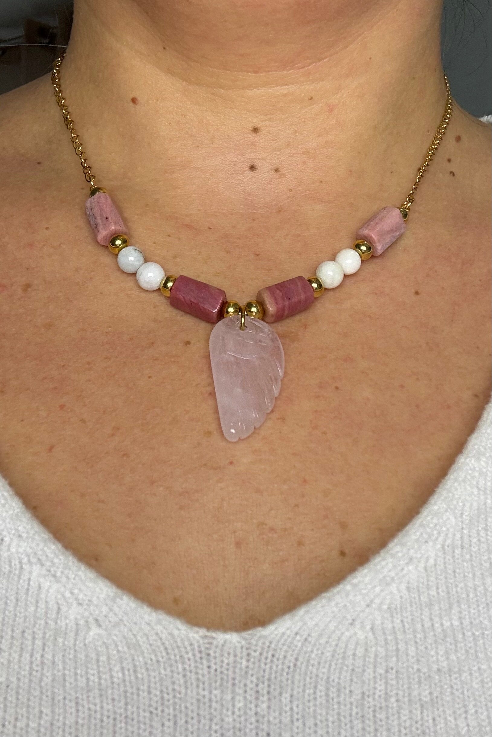 Collier Aile du Cœur #6  Rhodonite & Aigue-marine