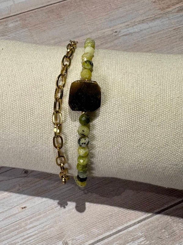 #22 Bracelet Double – Œil de Tigre & Chrysoprase