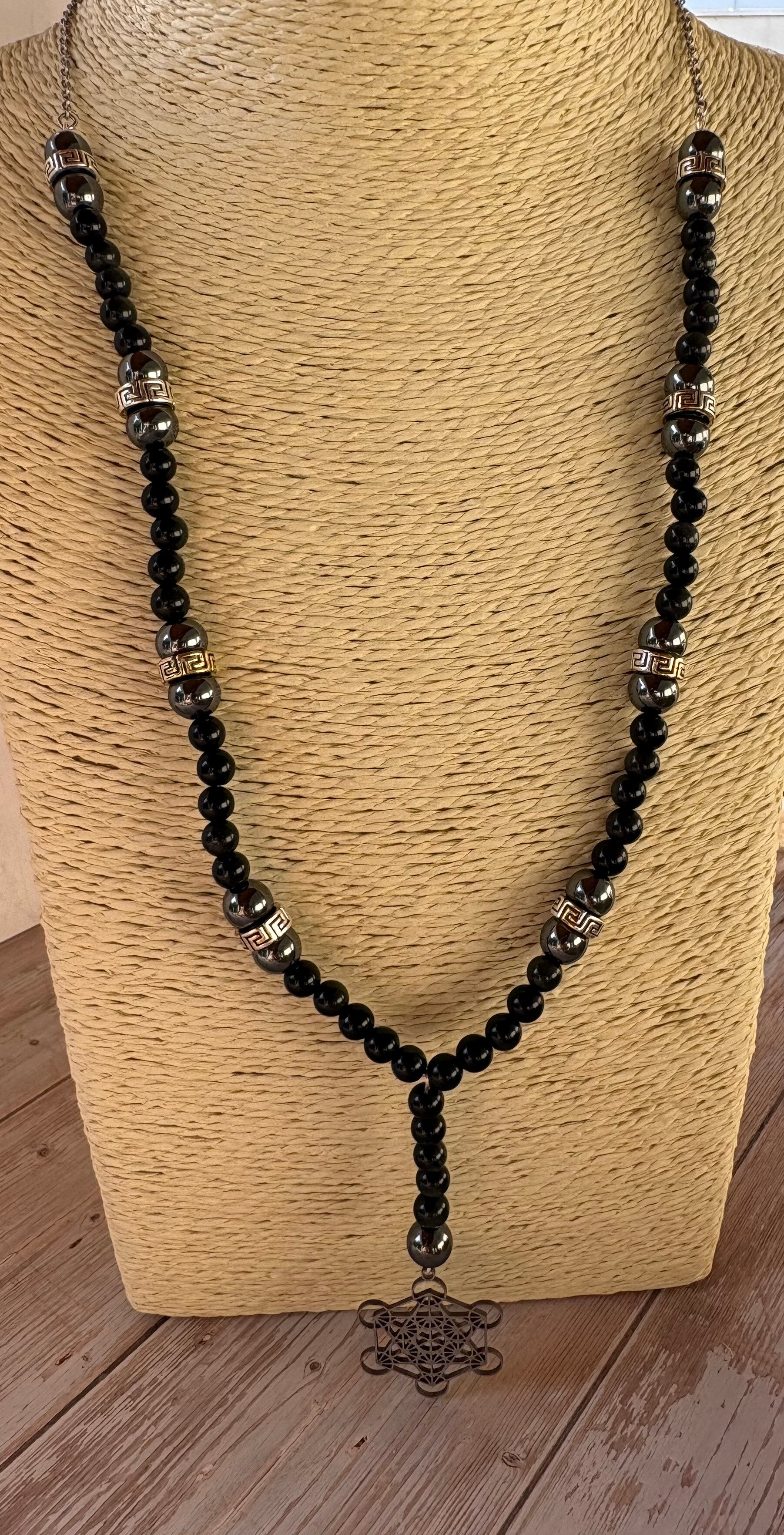 #2 Sautoir Géométrie Sacrée – Obsidienne & Hématite