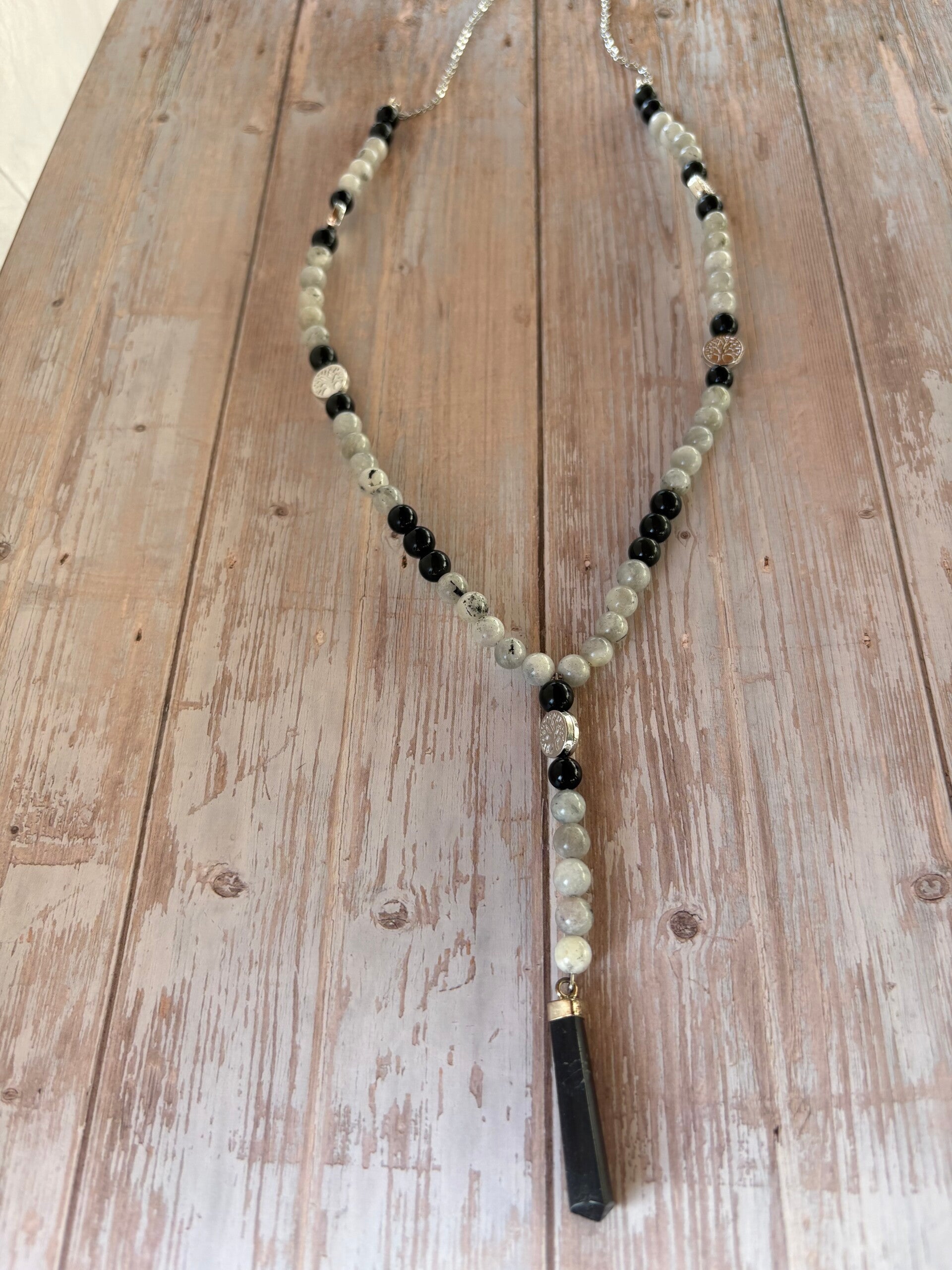 #1 Sautoir Pendule – Labradorite, Obsidienne & Tourmaline
