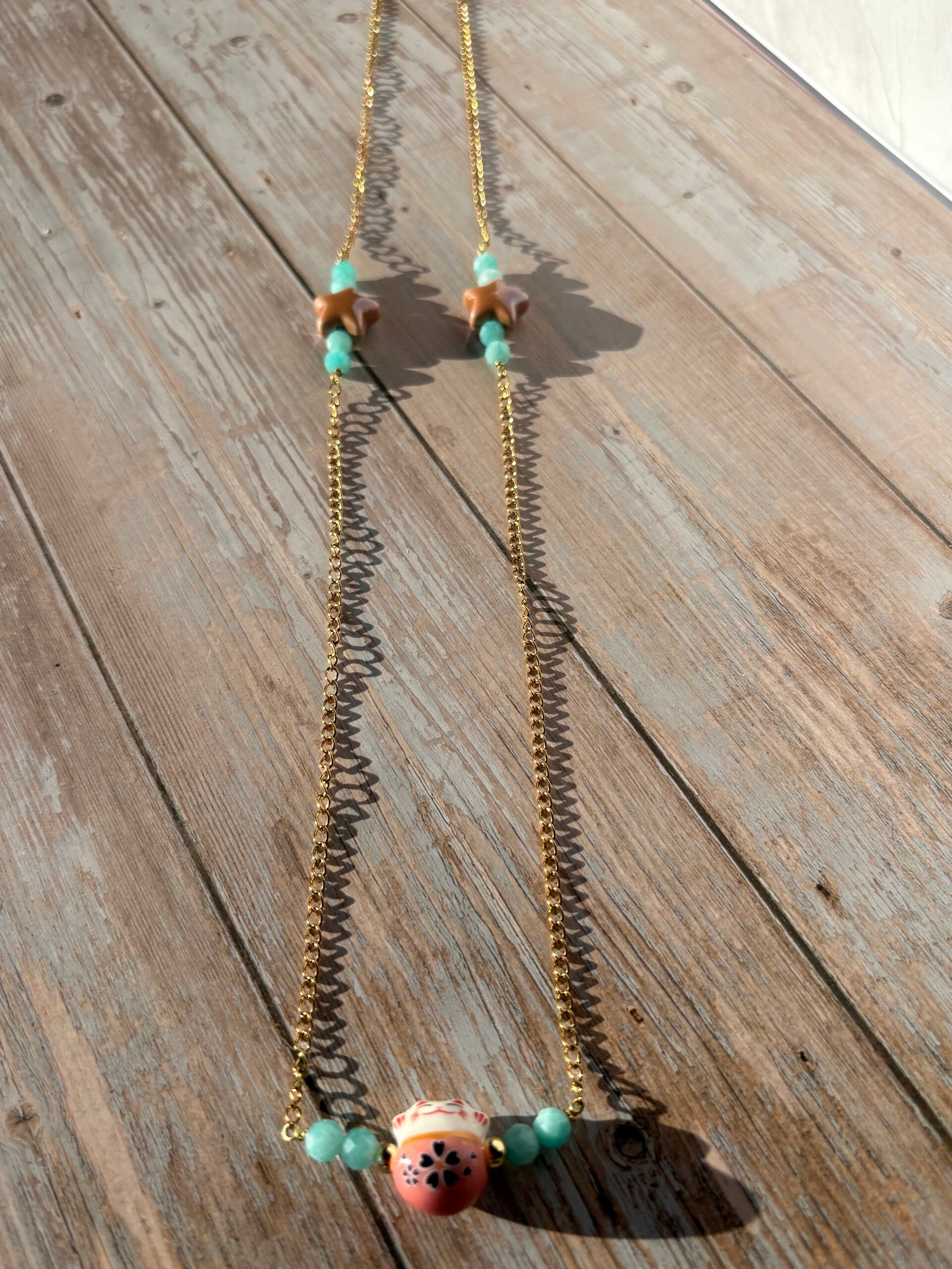 Sautoir Amazonite – Chat & Étoiles Céramique