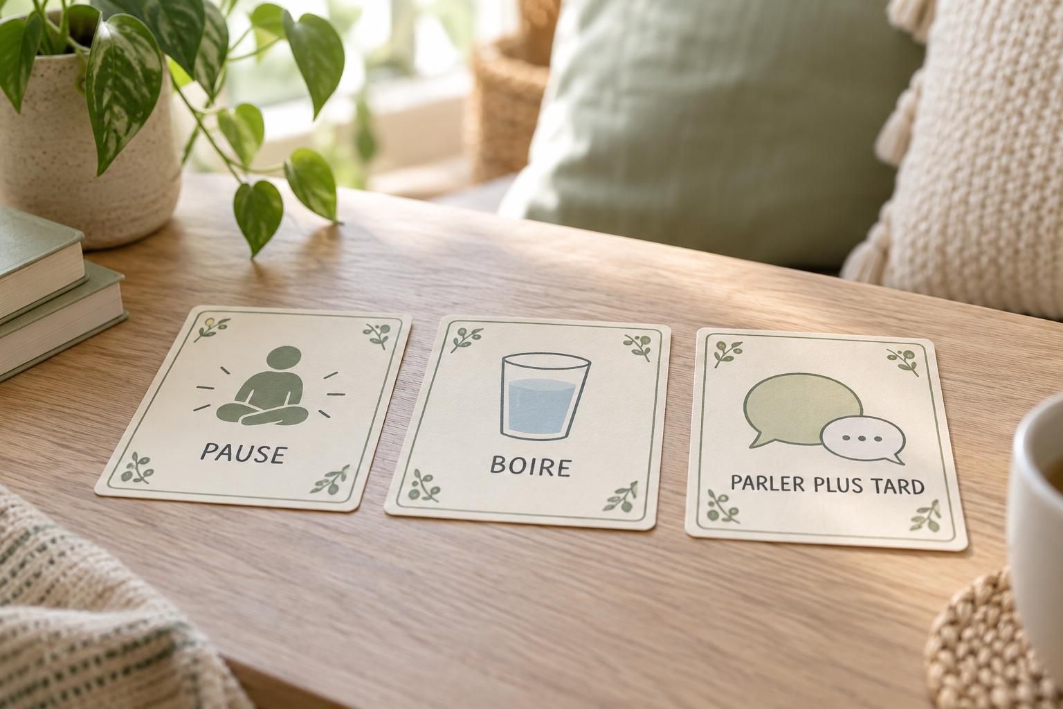 Trois cartes visuelles pour l’enfant sensible : pause, boire et parler plus tard