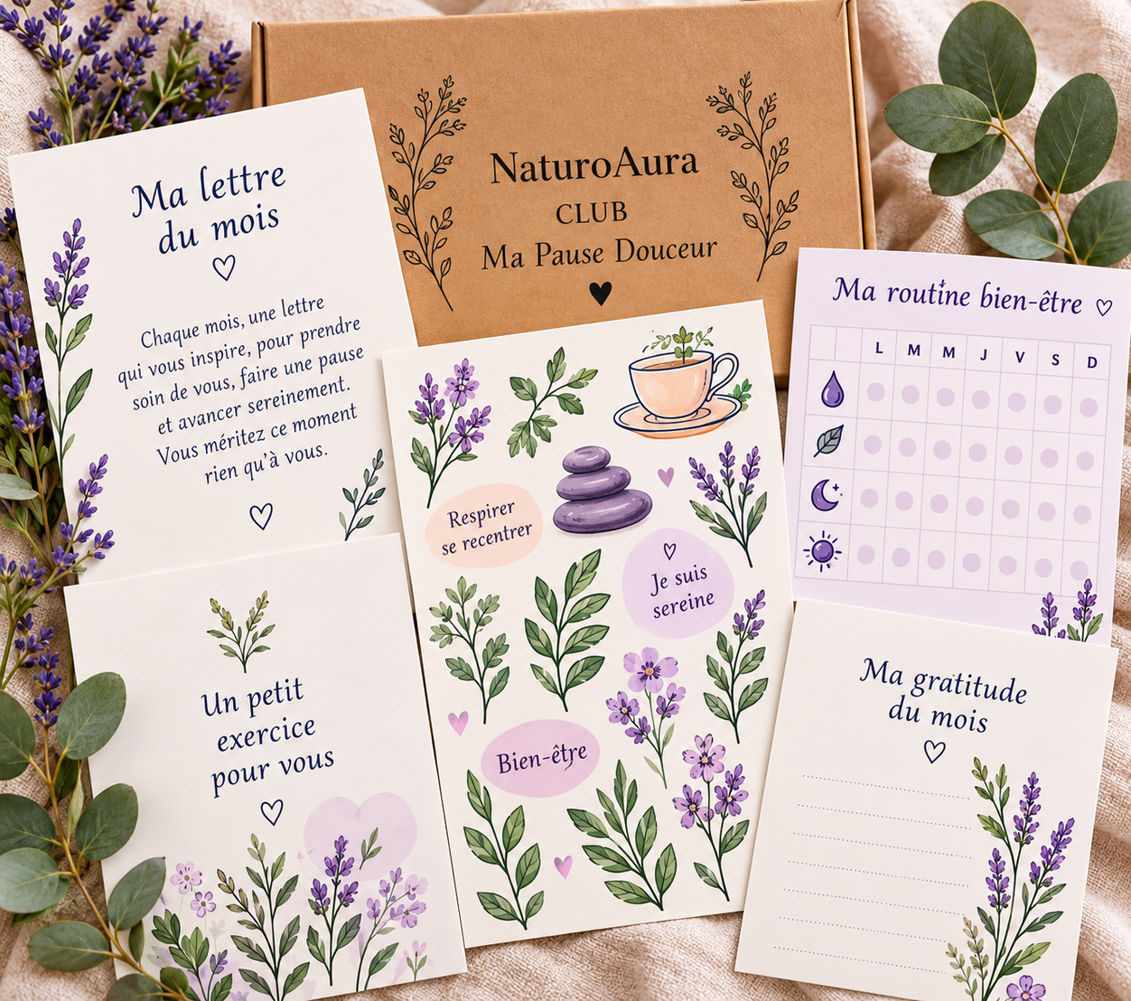 Ma Pause Douceur NaturoAura,
          lettre, stickers et routine bien-être