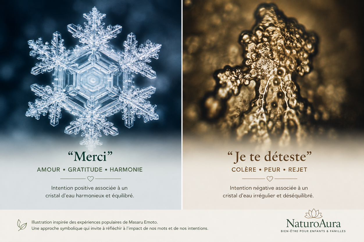 Illustration de cristaux de glace inspirée des expériences de Masaru Emoto
