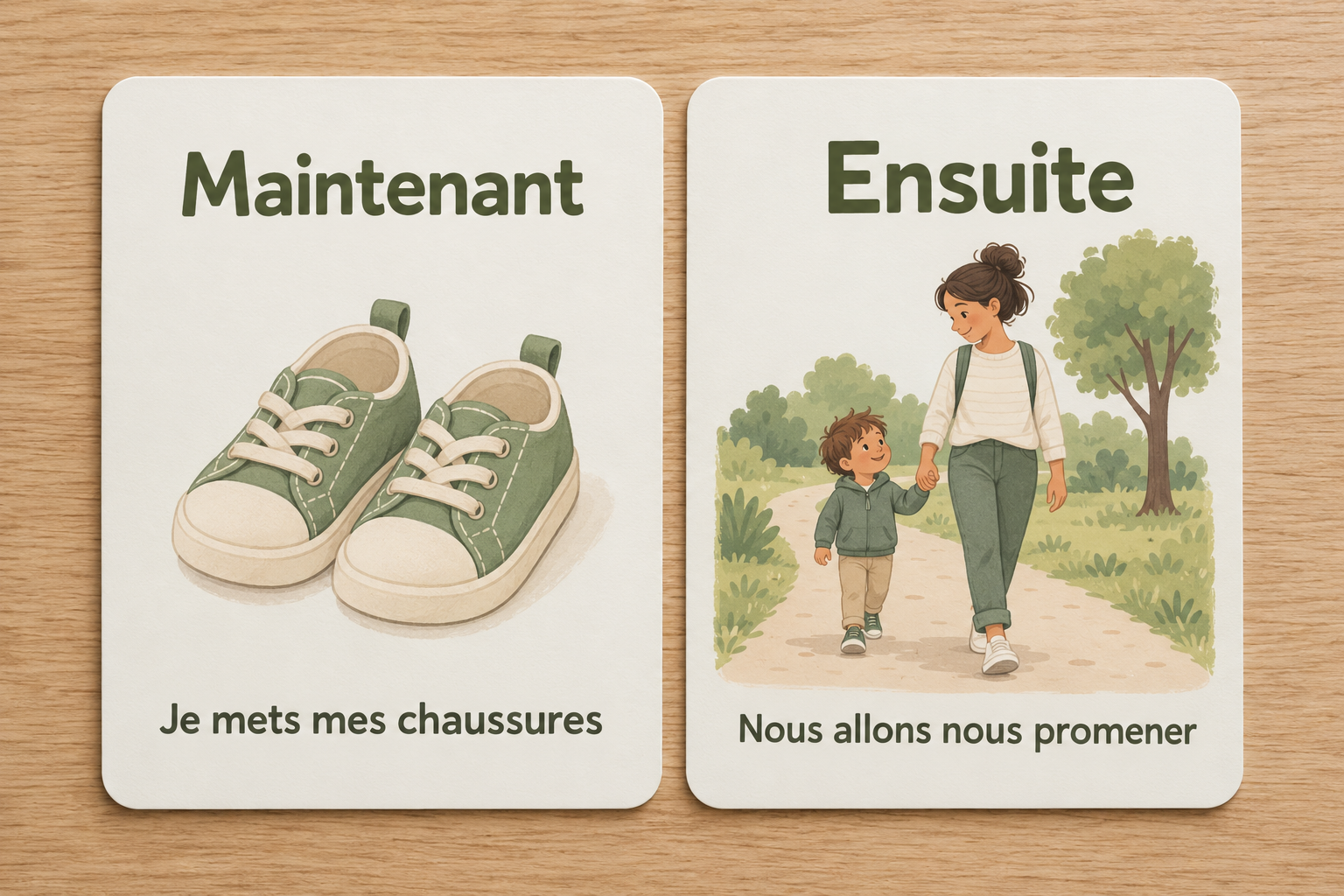 Deux cartes visuelles : Maintenant, je mets mes chaussures ; Ensuite, nous allons nous promener.