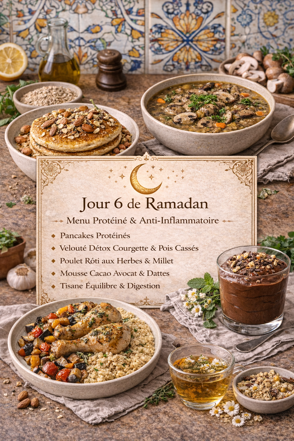 cène de cuisine italienne avec carreaux traditionnels en arrière-plan présentant le menu du Jour 5 de Ramadan : zuppa champignons et orge perlée, polpette de dinde avec sarrasin, bowl quinoa avec œufs mollets et crème chia coco aux fruits rouges, disposés