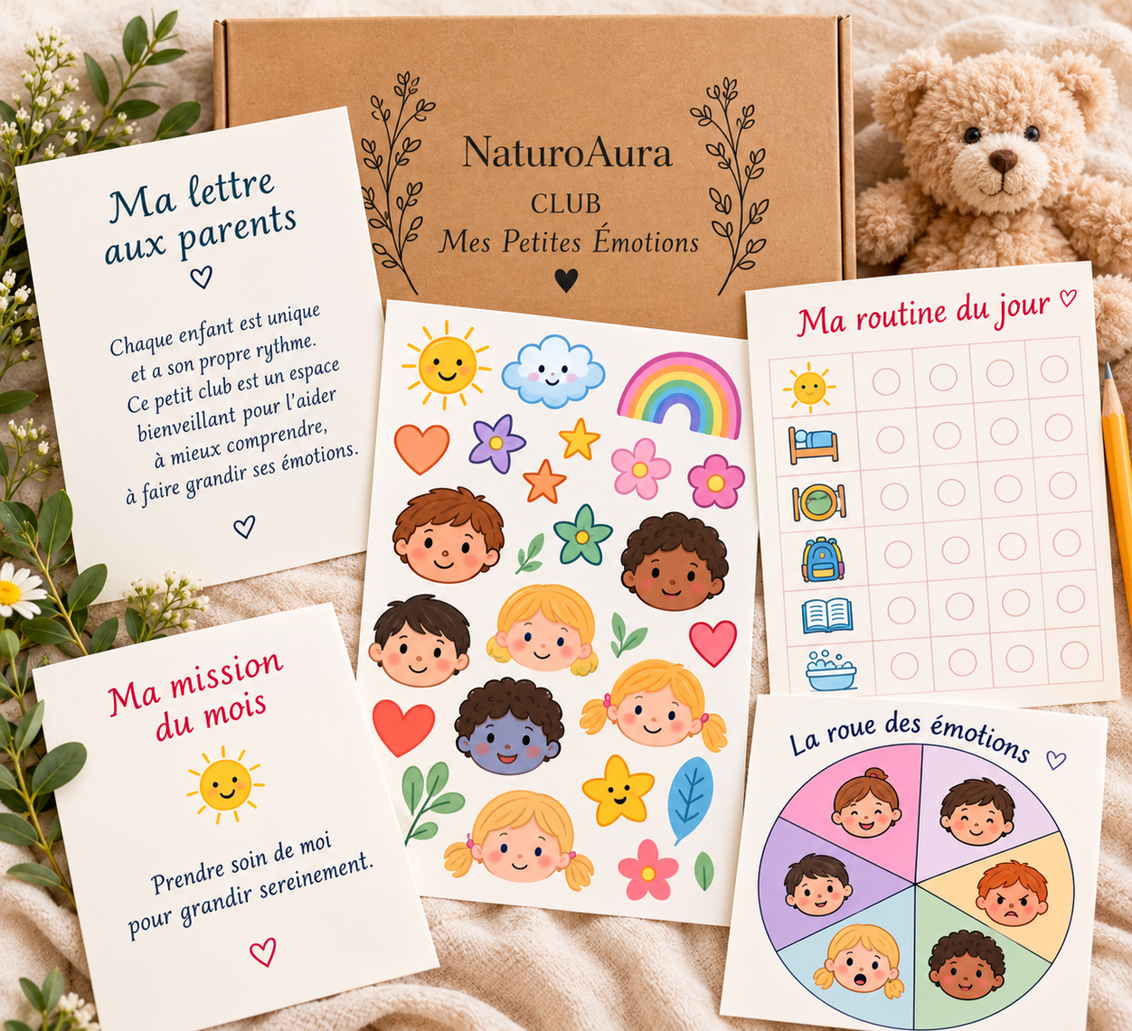 Mes Petites Émotions NaturoAura,
          cartes des émotions et stickers enfants