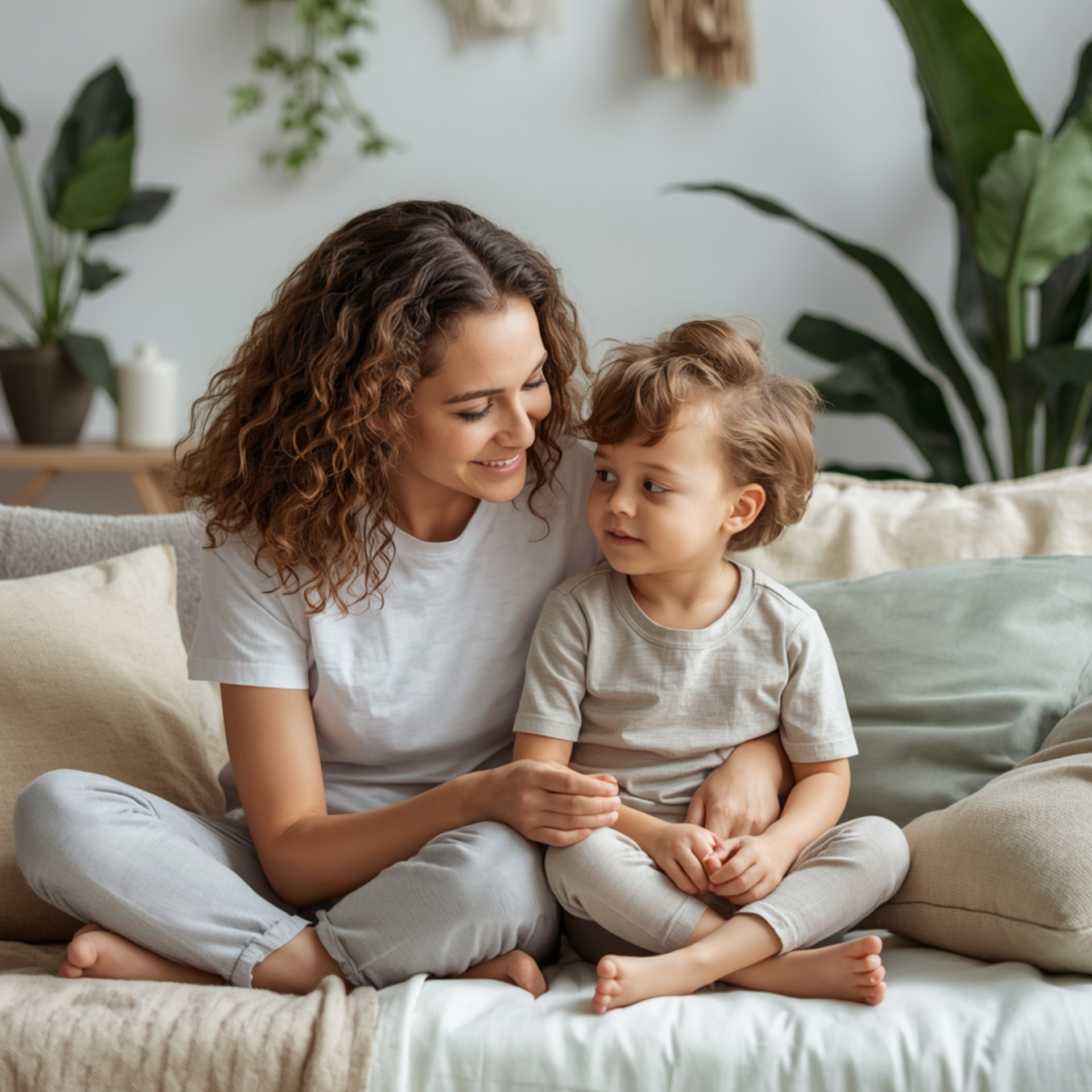 Parent communiquant calmement avec un enfant sensible