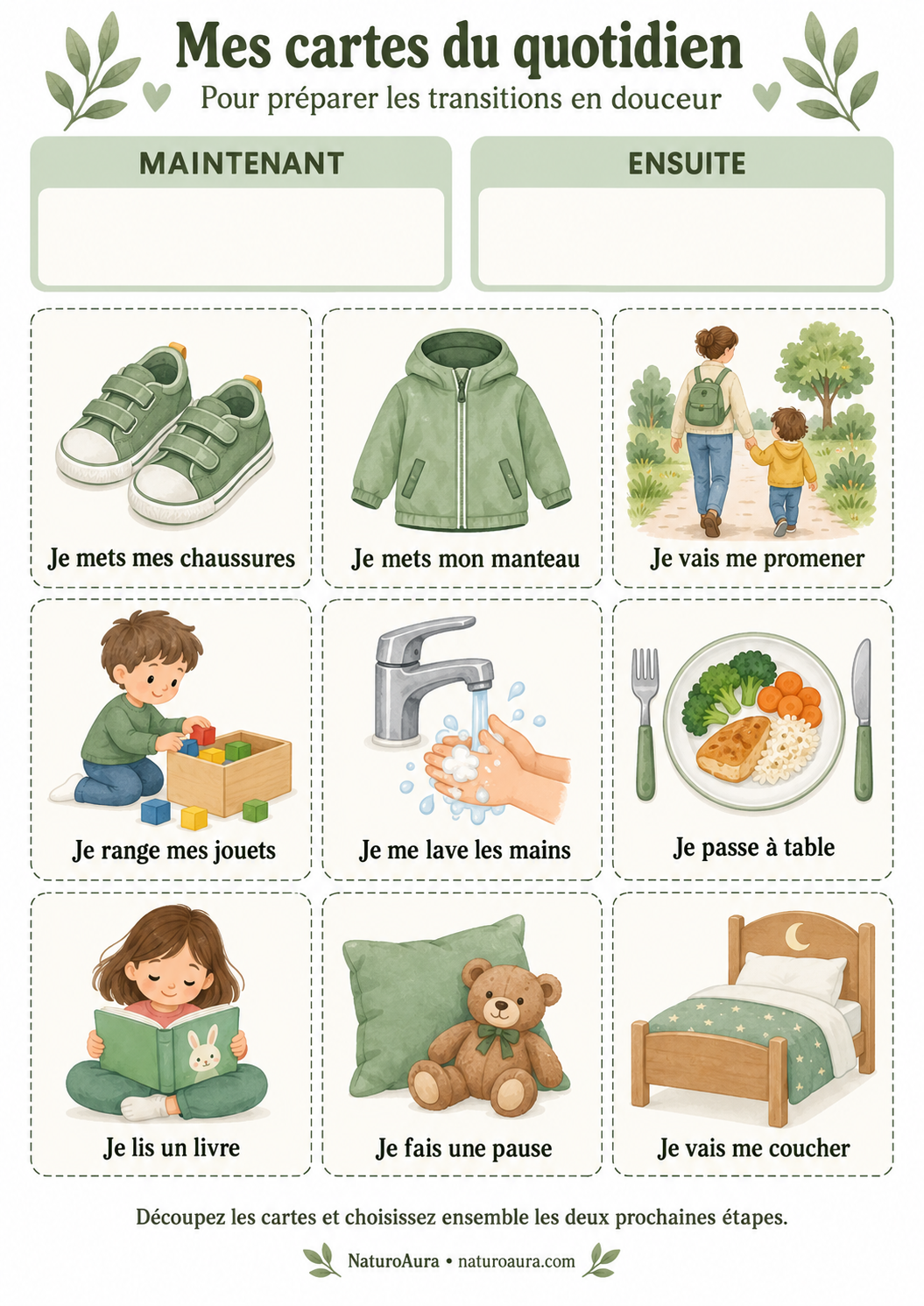 Planche de neuf cartes du quotidien à découper, avec les repères Maintenant et Ensuite.