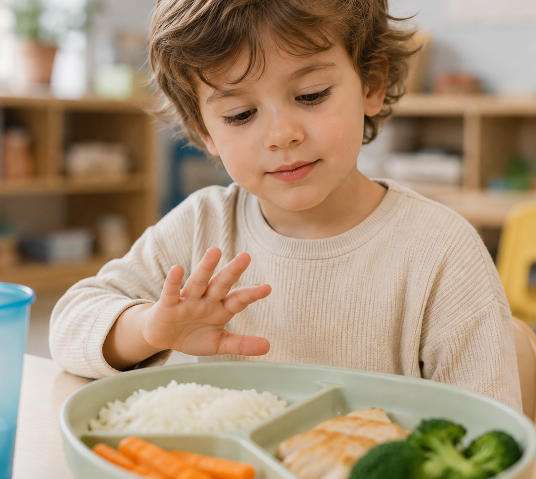 Enfant sensible découvrant calmement son repas