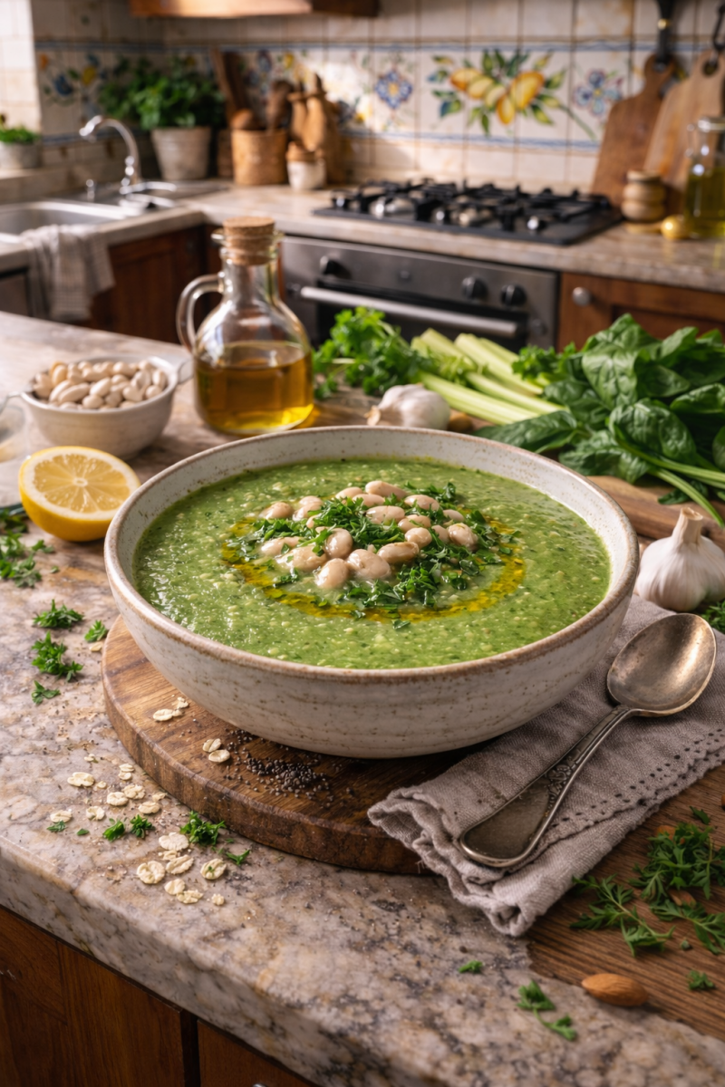 Soupe verte détox aux épinards, céleri et pois blancs servie dans un bol en céramique, texture veloutée, filet d’huile d’olive et persil frais, posée sur un plan de cuisine avec carrelage italien en arrière-plan.
