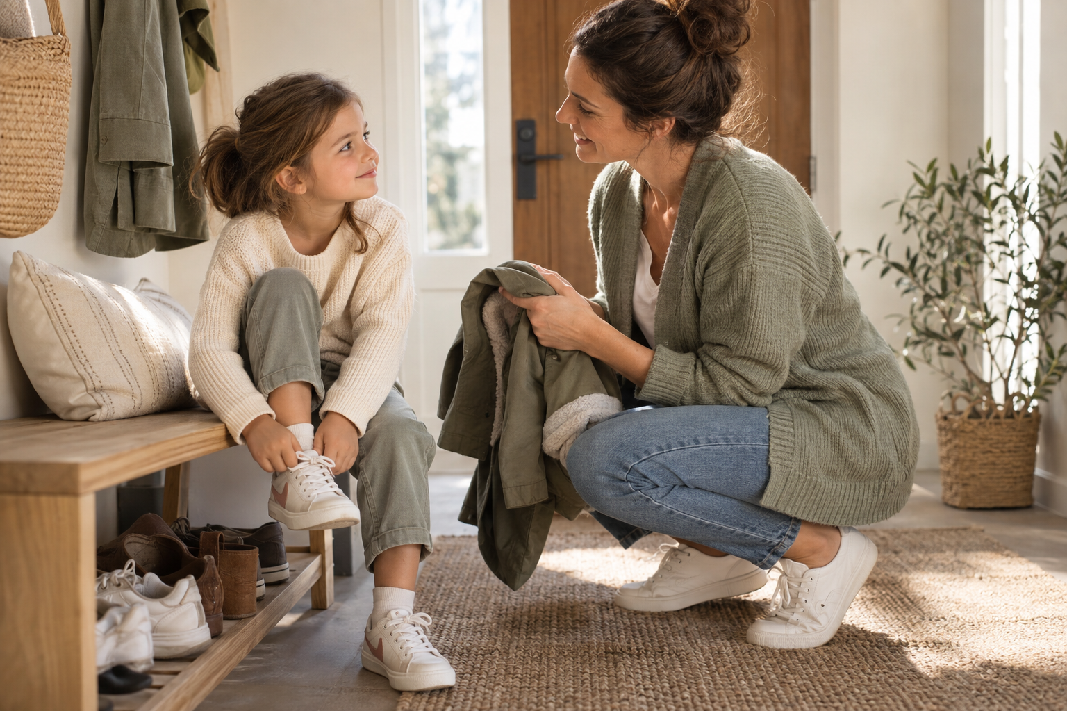 Une mère accompagne sa fille qui met ses chaussures avant une promenade.