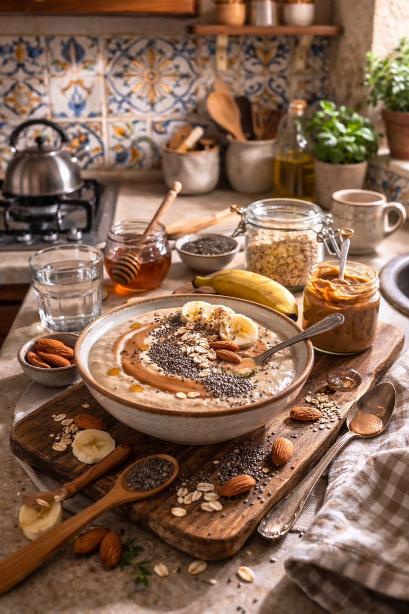 Porridge protéiné à l’avoine, graines de chia et beurre d’amande servi dans un bol en céramique, garni d’amandes croquantes et filet de sirop, posé sur un plan de cuisine avec carrelage italien en arrière-plan.