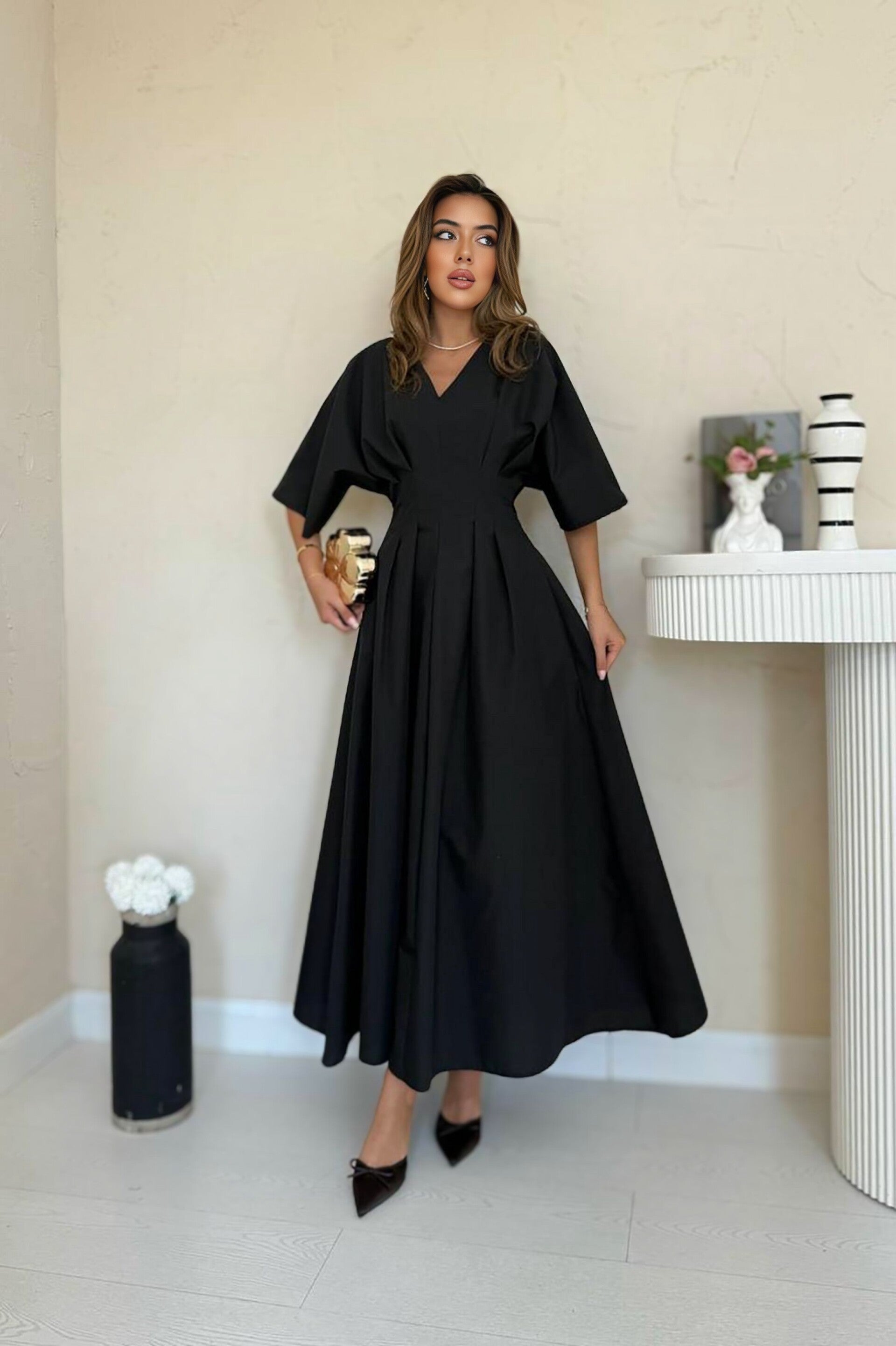 Elegant Black A-Line Dress With V-Neck & 3/4 Sleeves