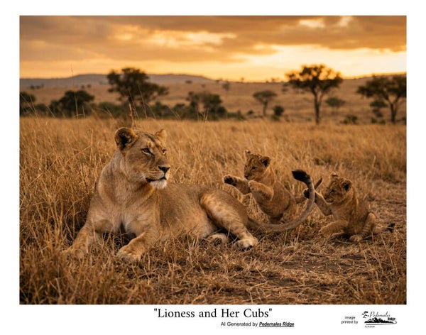 "Lioness and Her Cubs" generated by AI - 11x14 print
