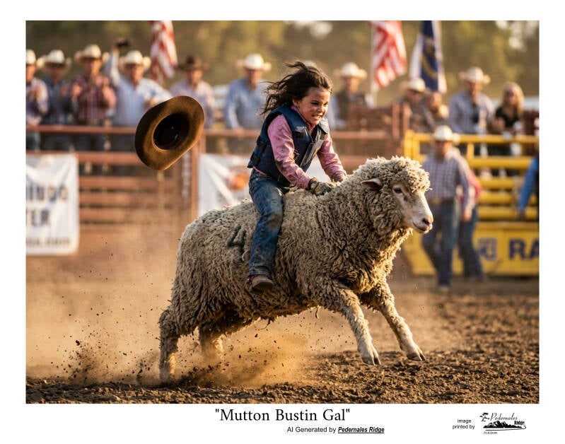"Mutton Bustin Gal" AI Image - Generated for Pedernales Ridge