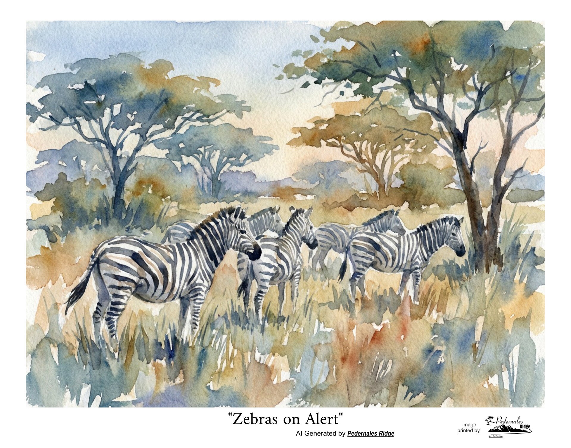 "Zebras on Alert" generated by AI - 11x14 print