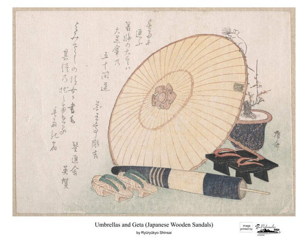 "Umbrellas and Geta (Japanese Wooden Sandals)" by Ryūryūkyo Shinsai 11x14 reproduction print