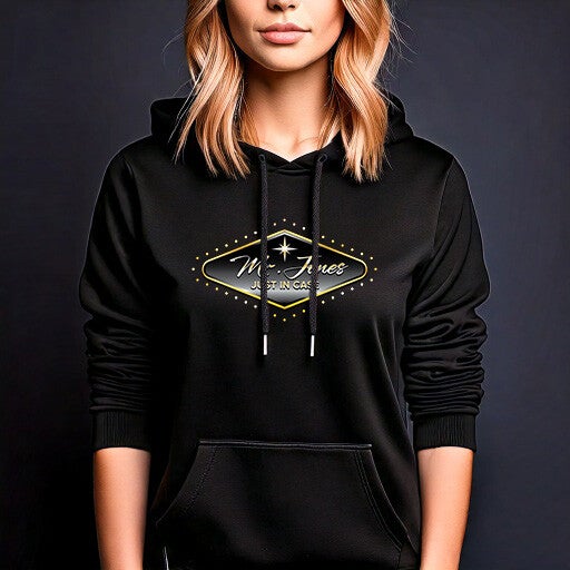 Zwarte sweater met capuchon, unisex. Mr. Jones & Just In Case.