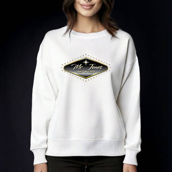 Witte sweater met ronde hals, unisex. Mr. Jones & Just In Case
