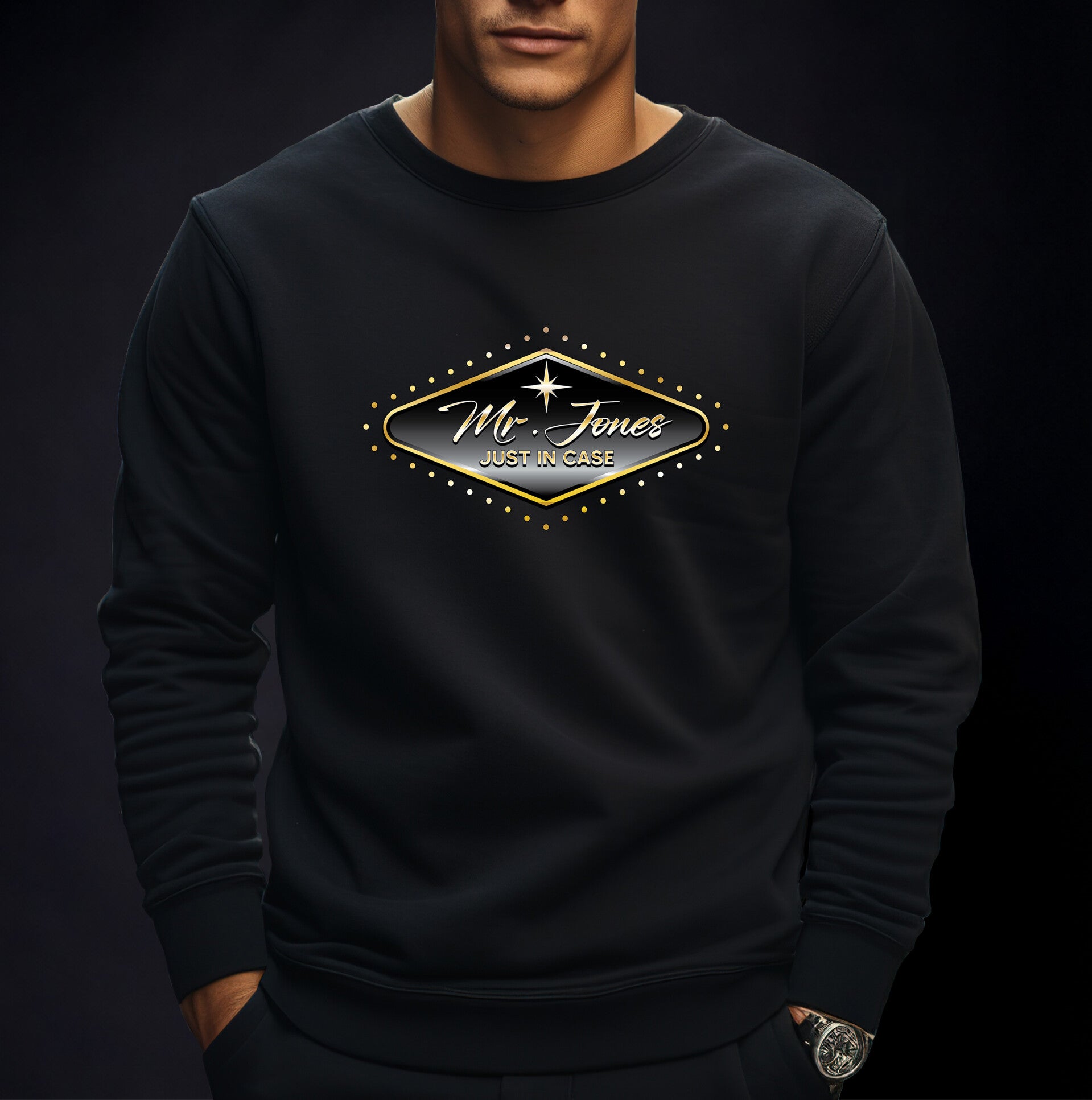 Zwarte sweater met ronde hals, unisex. Mr. Jones & Just In Case