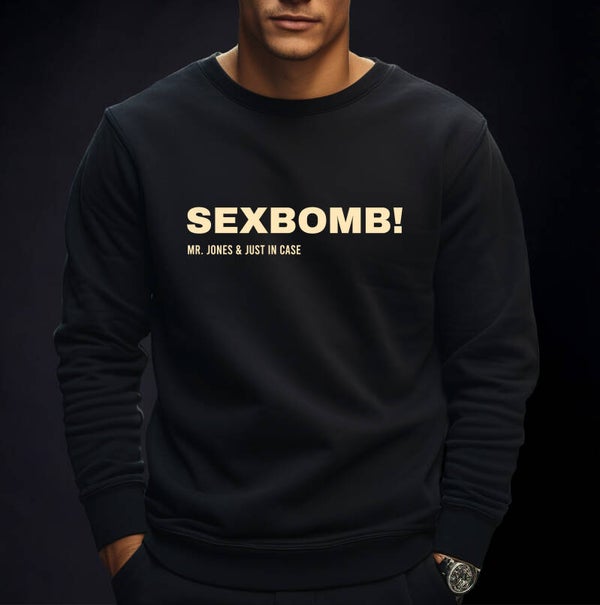 Zwarte sweater met ronde hals, unisex. Sexbomb!
