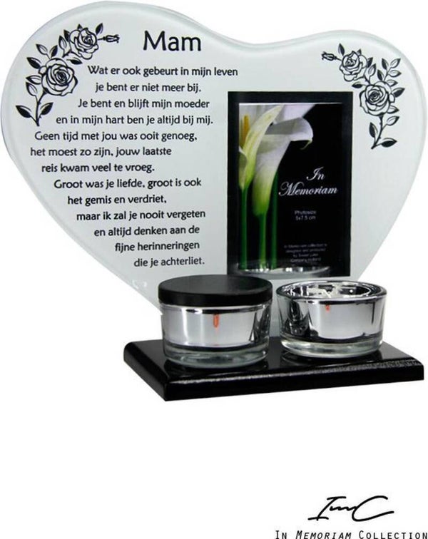 In Memoriam Hart waxinehouder met mini urn tekst Mam